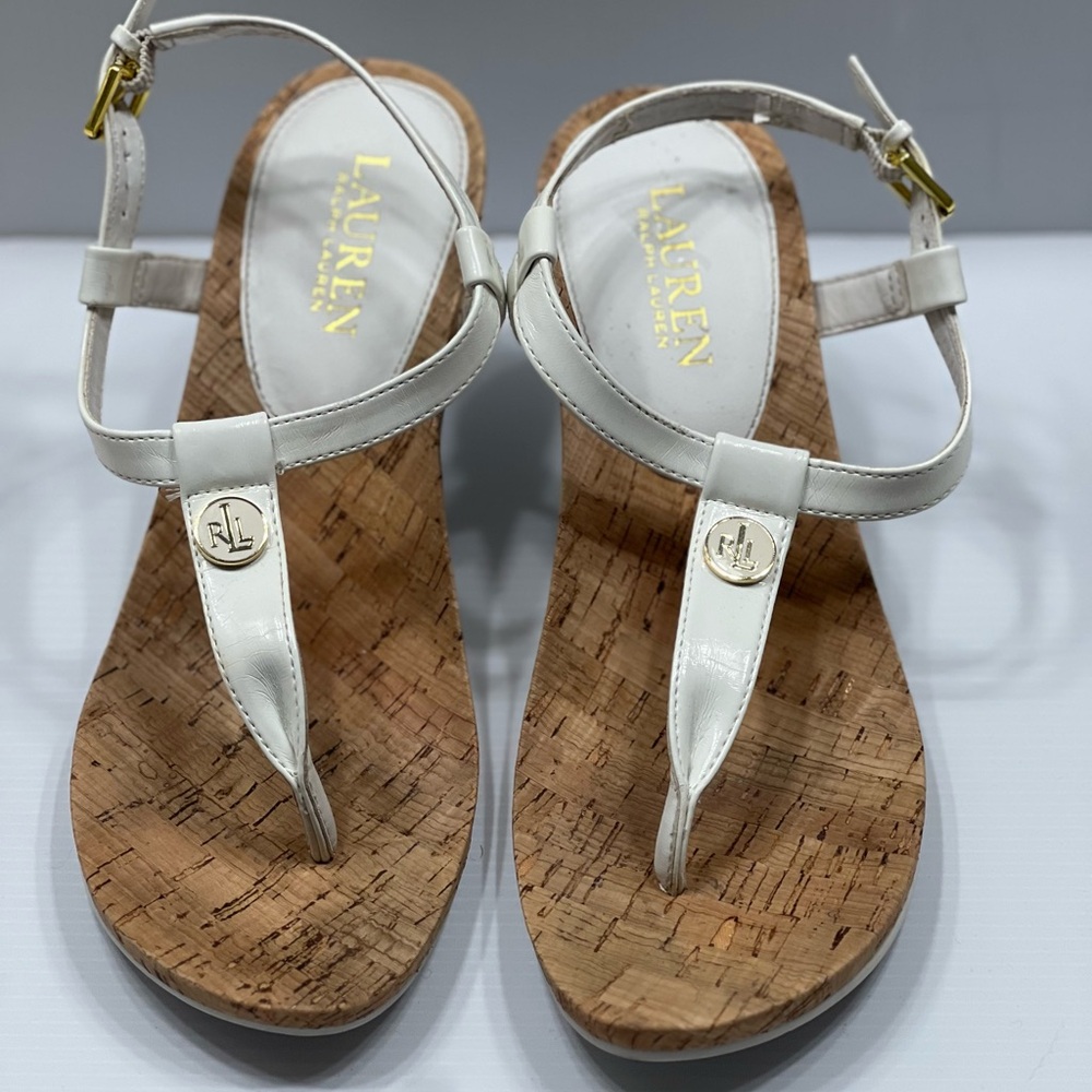 Lauren Ralph Lauren White Reeta Wedge Cork Sandals